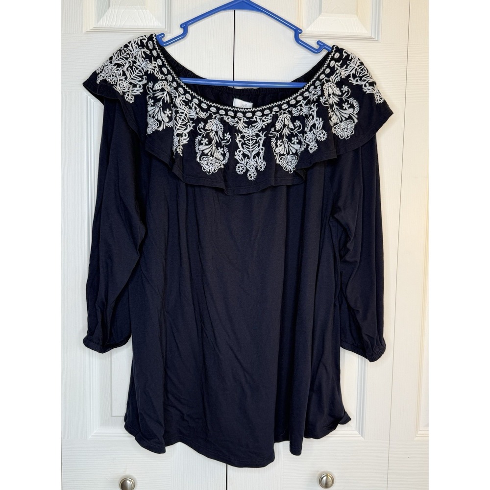 J. Jill Top Embroidered Flounce Ruffle Blouse 3/4 Sleeve Damask Floral Sz XL